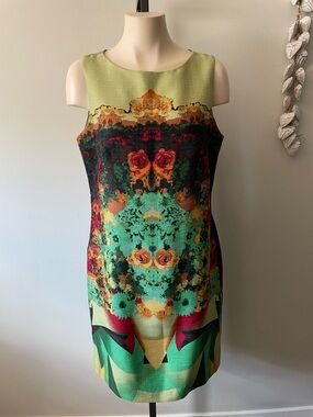 Vintage Artsy Floral Geometric Shift Dress Sleeveless Midi Green Size Medium